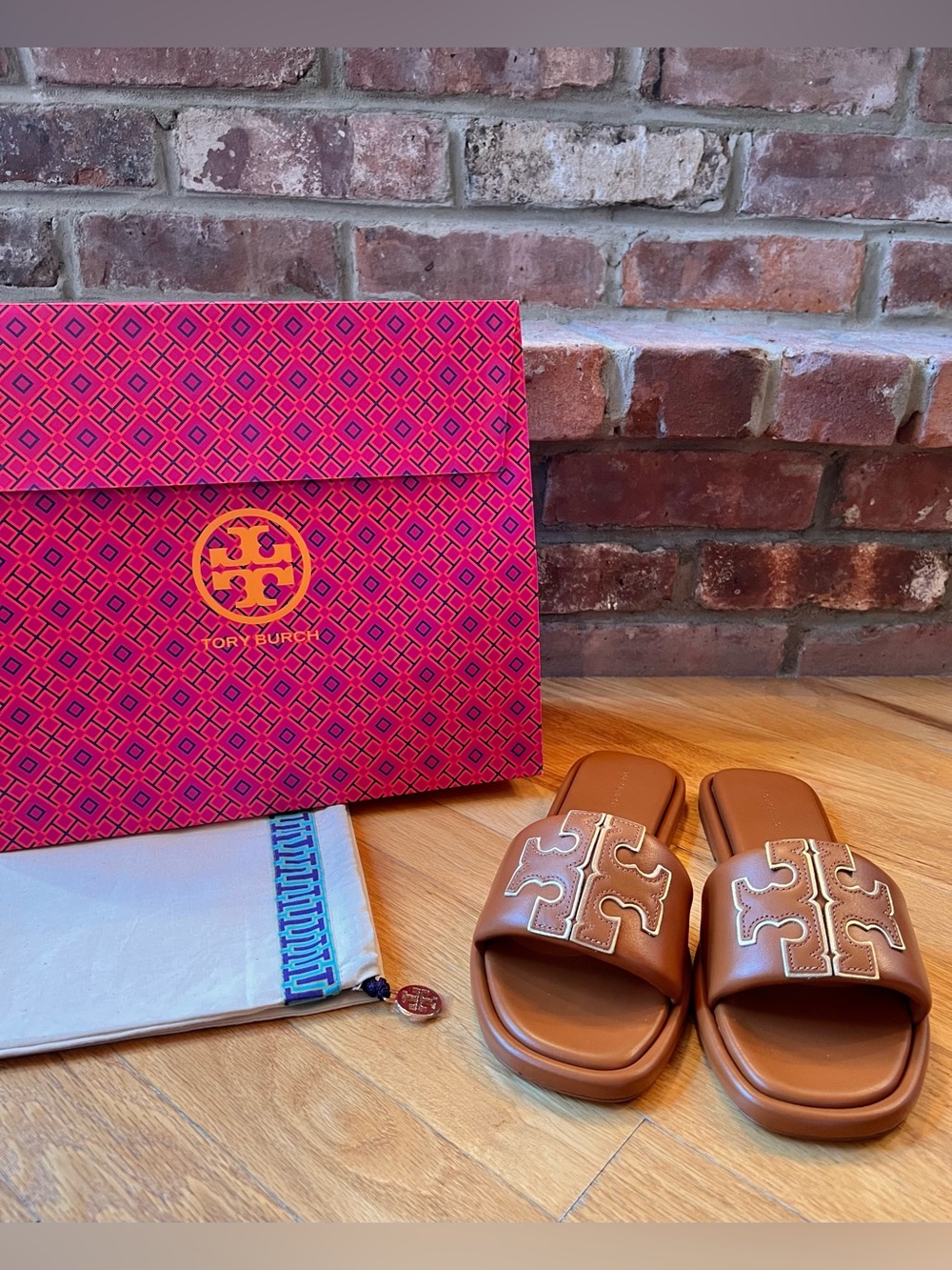 Tory Burch Tan Bourbon Miele Leather Double T Sport Slide Sandals